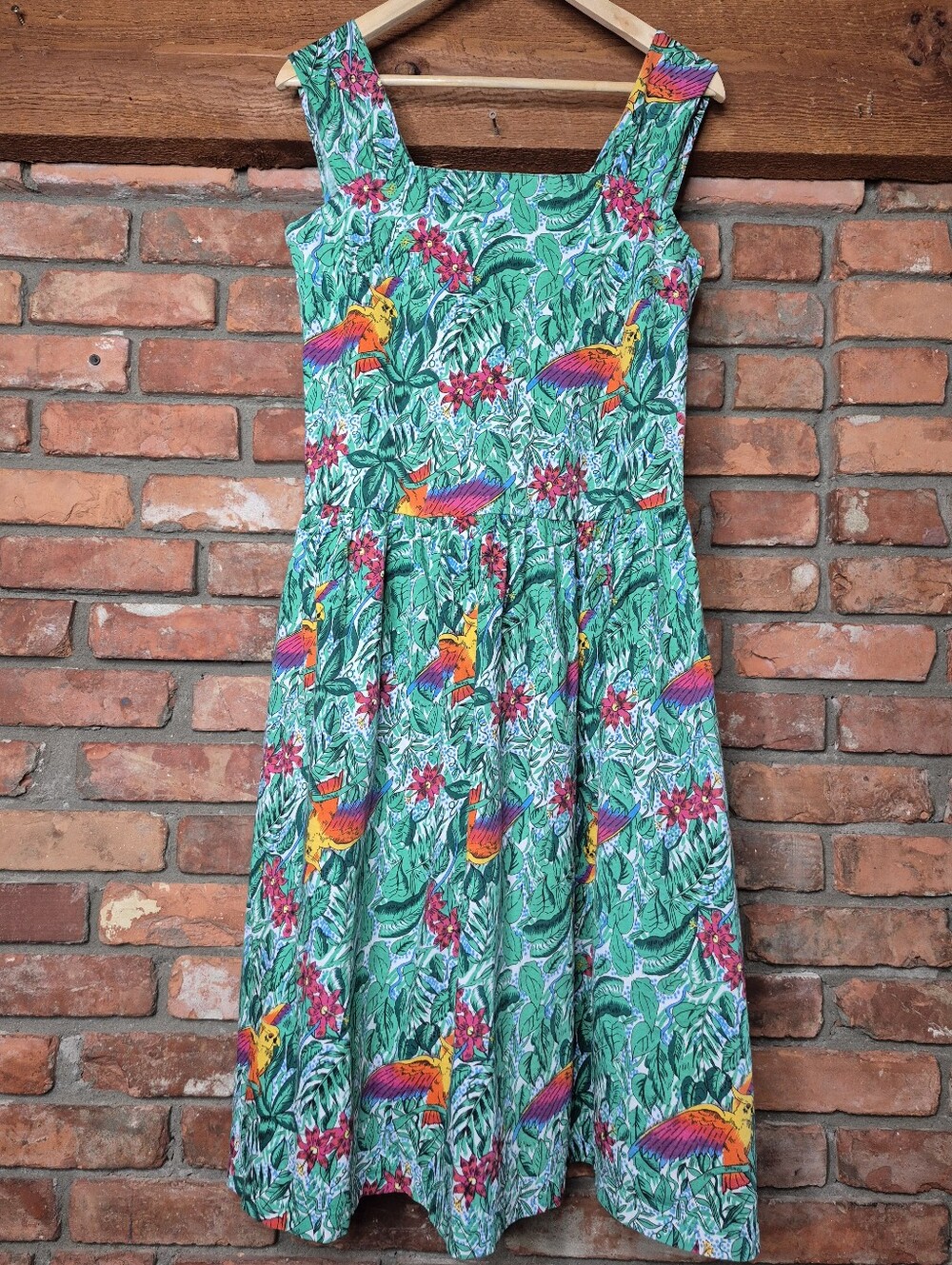 BHS Cotton Tropical Toucan Bird Print Cotton Dress Size 14 Jungle Floral Pockets